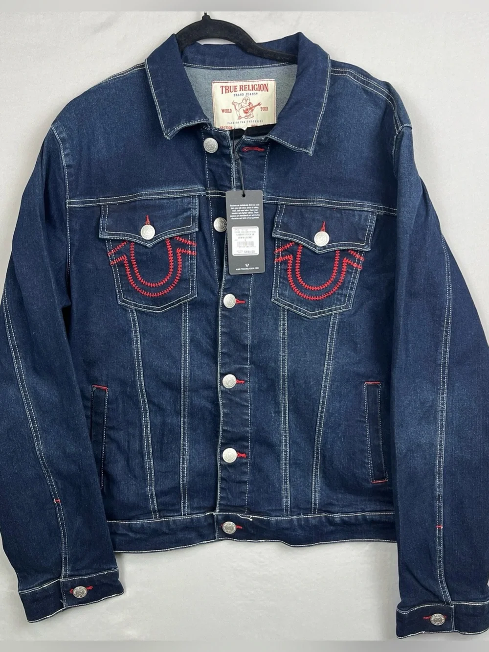 True Religion Denim Jacket Red Ladder Stitch Men’s Small Dark Wash MSRP $184 NEW
